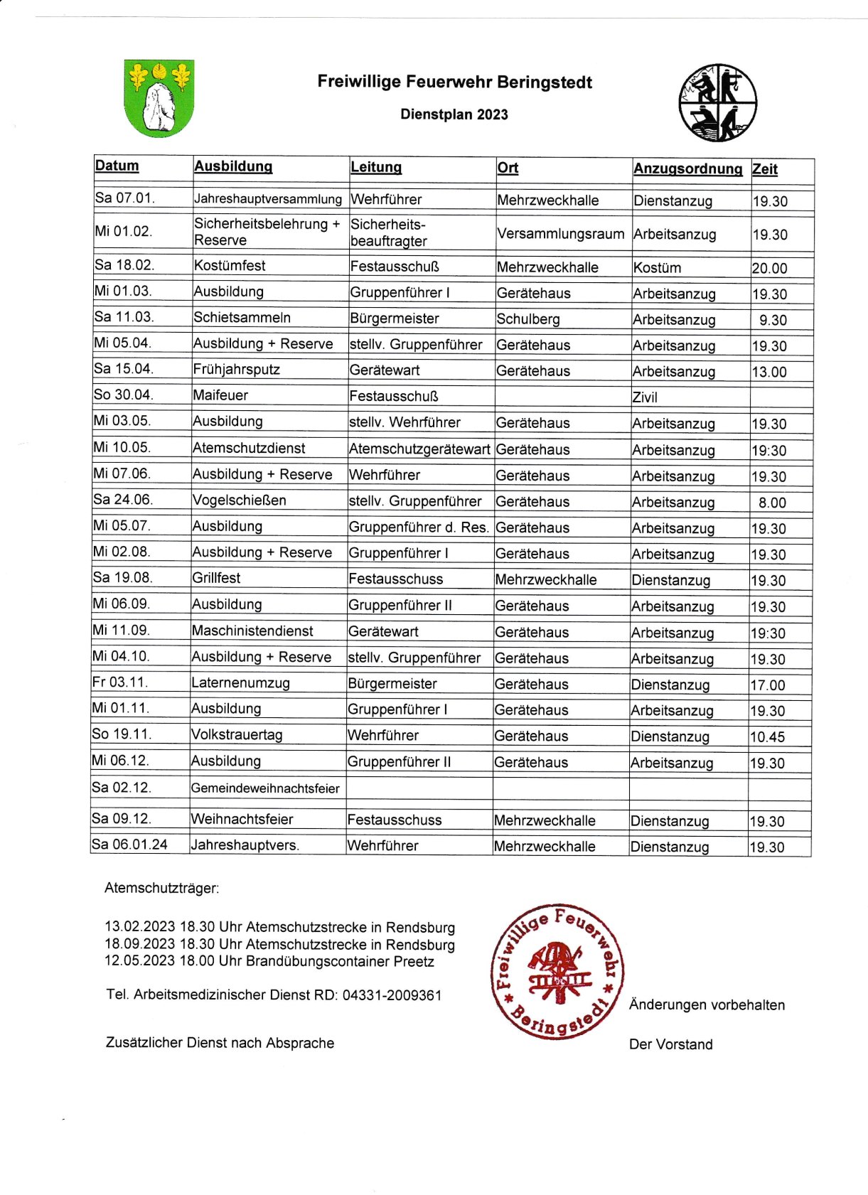 Feuerwehr Dienstplan 2023
