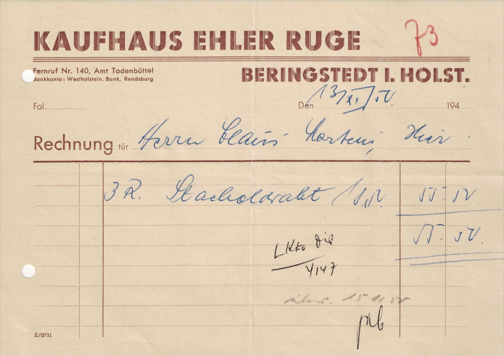 Kaufhaus Ruge Rechnung 1950 für website