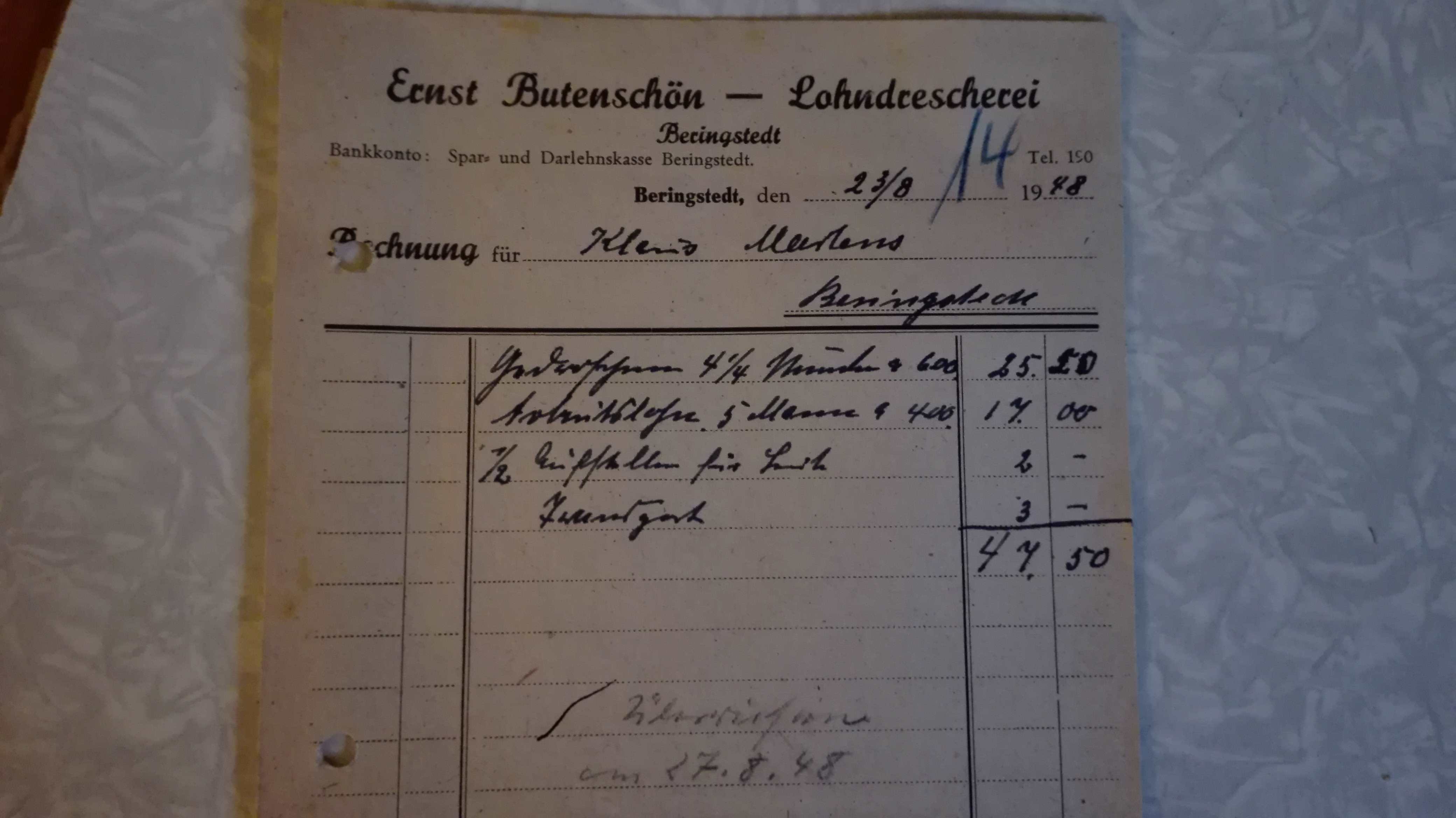Rechnung Ernst Butenschön von 1948 für website