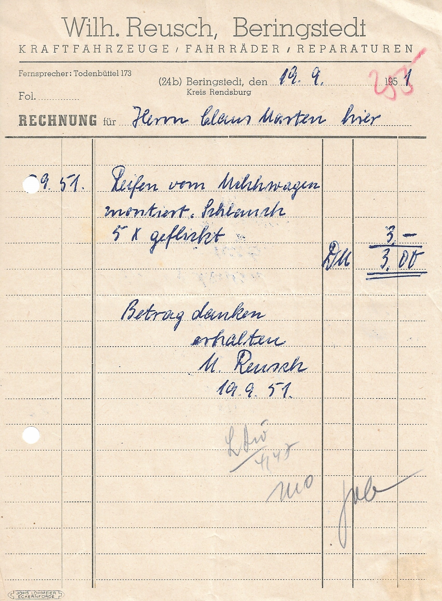 Reusch Reparatur Werkstatt Quittung von 1951