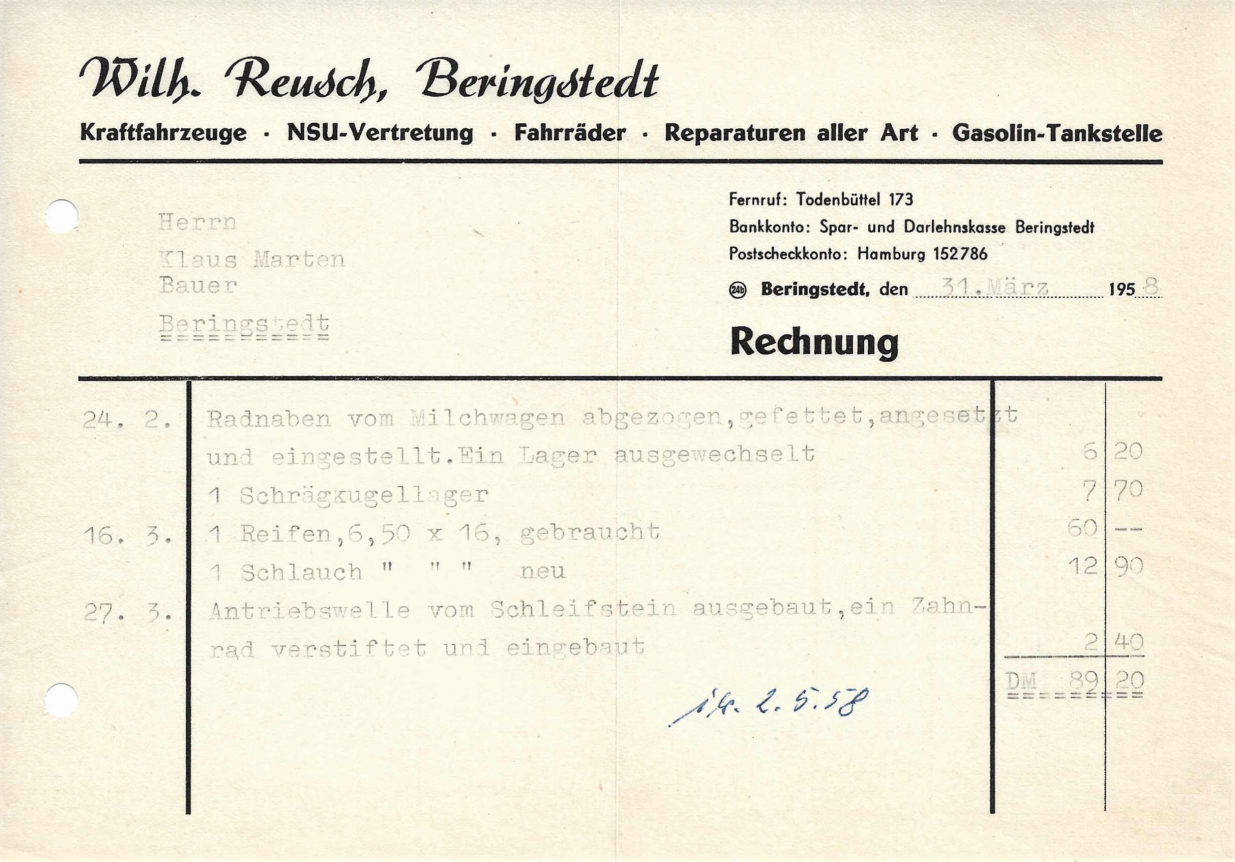 Reusch Reparatur Werkstatt Quittung von 1958