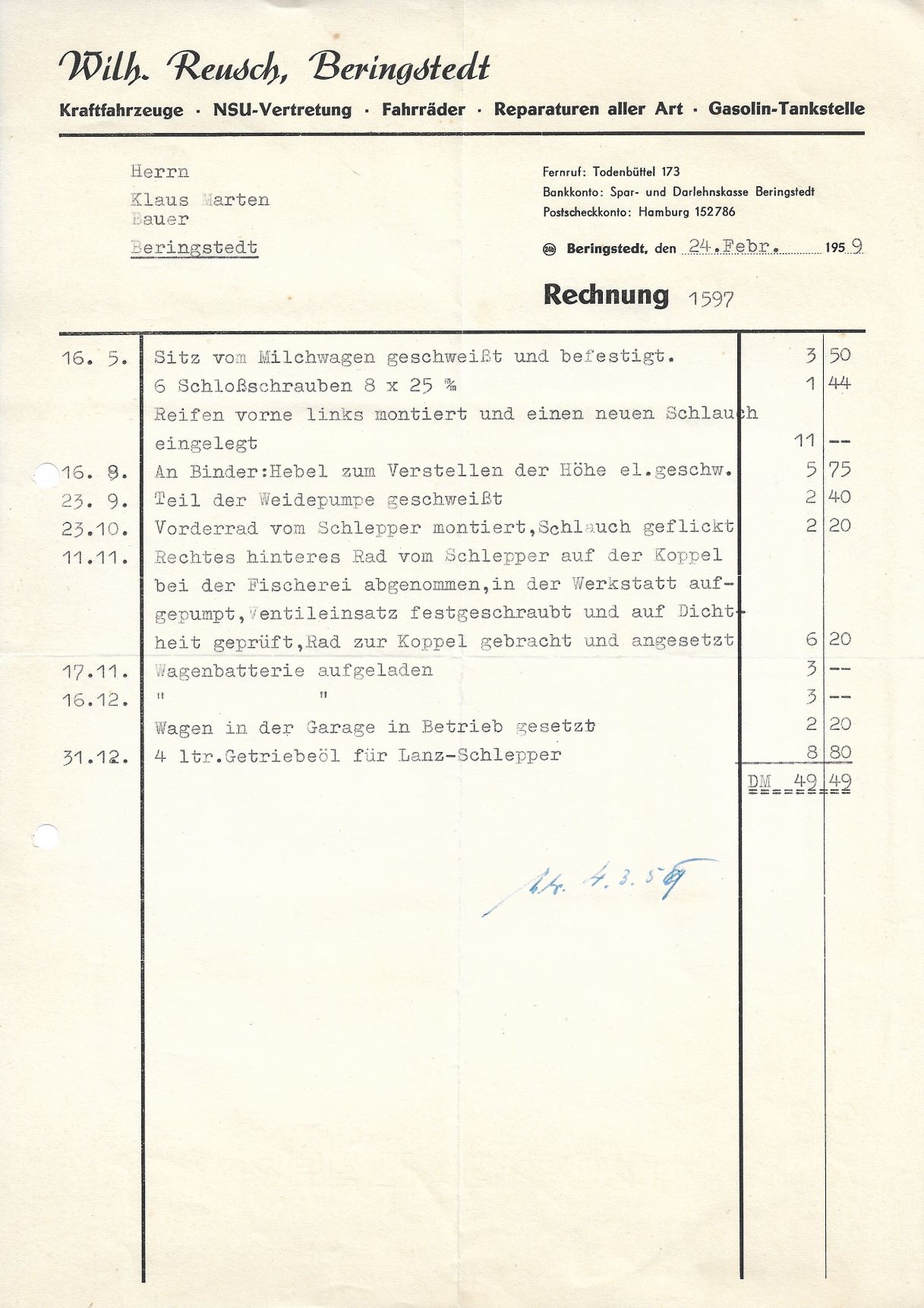 Reusch Reparatur Werkstatt Quittung von 1959 für website