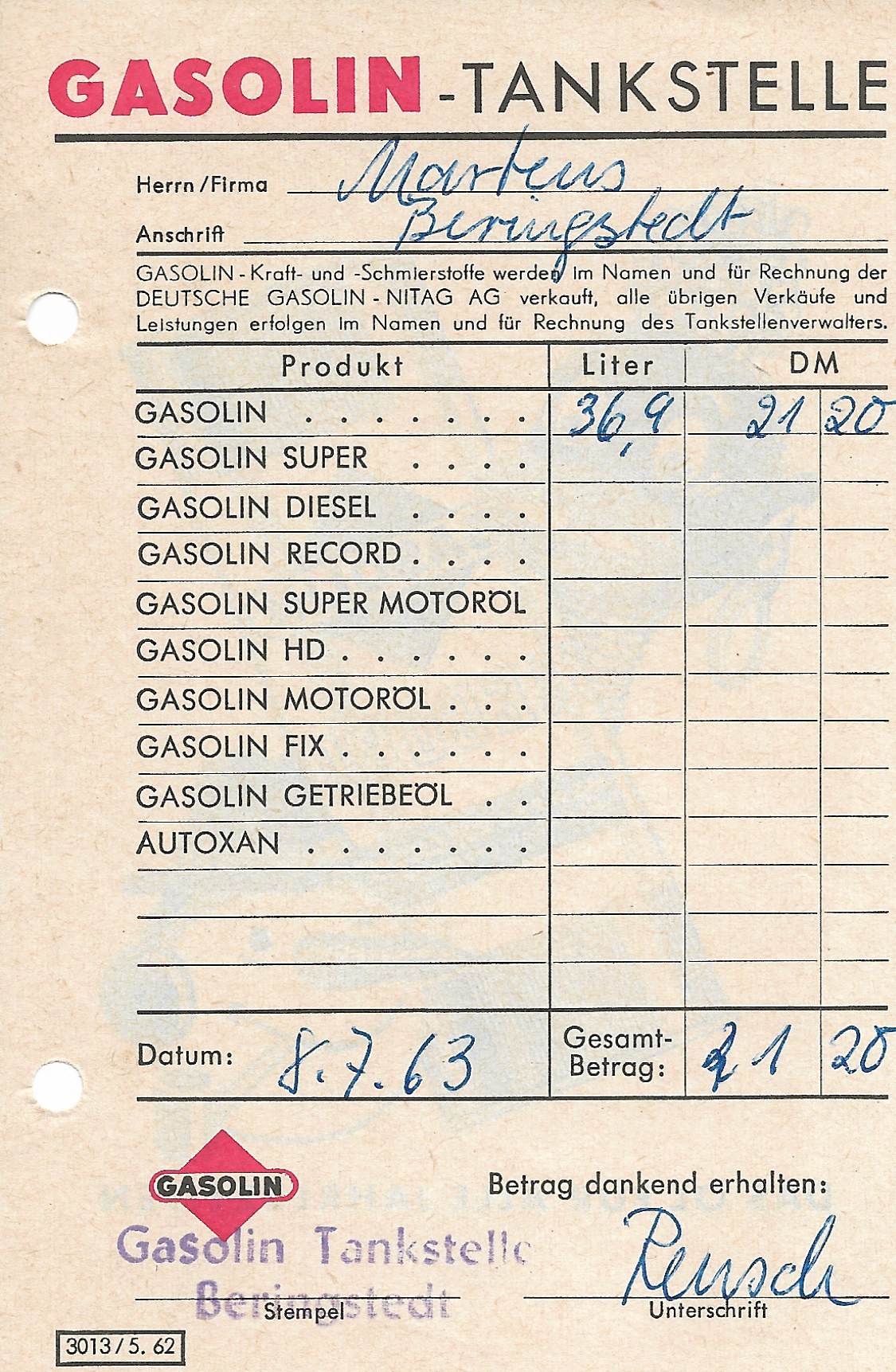 Reusch Tankstelle Quittung von 1963